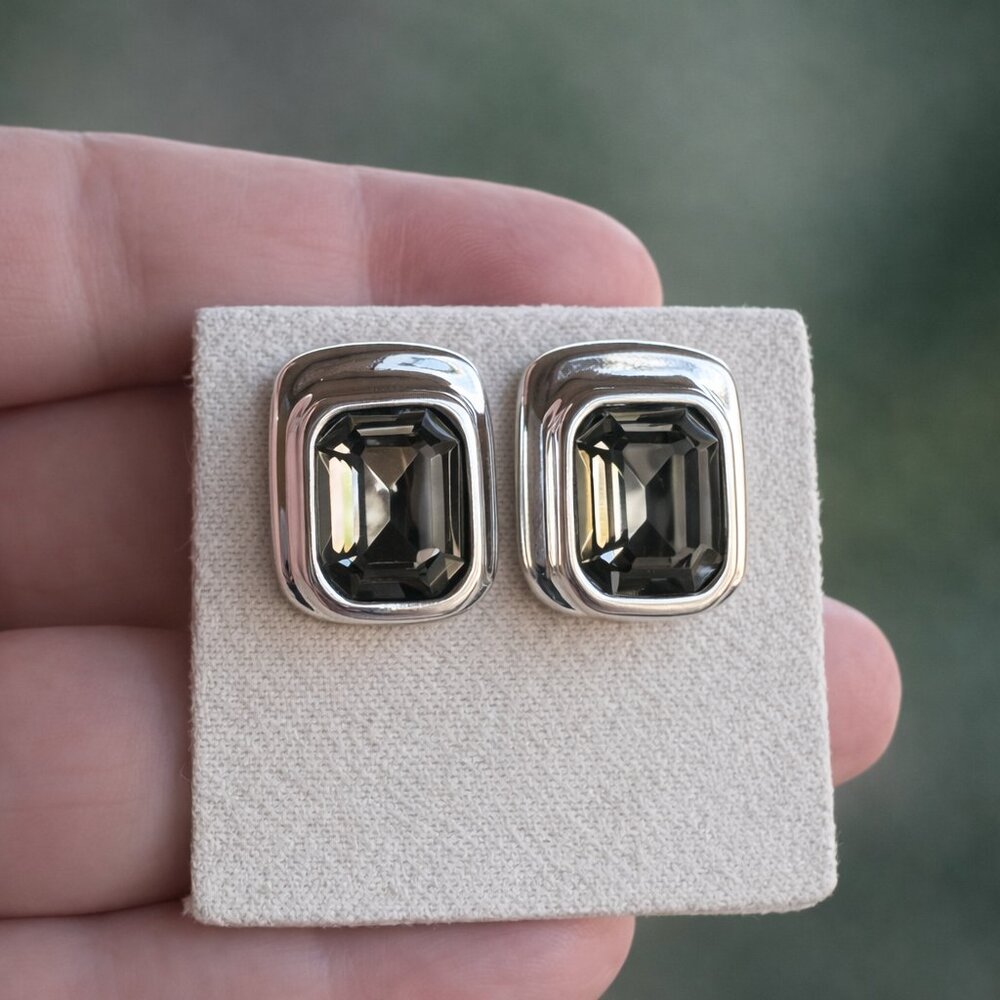 Rectangular Stud Earrings with Gray Crystals